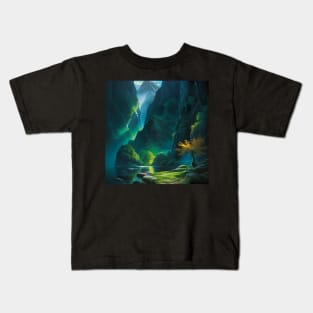 River Oasis at the bottom of a Lush, Green Tropical Canyon Kids T-Shirt